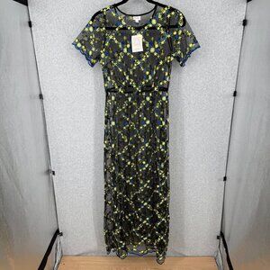 LuLaRoe Deanne II Sheer Embroidered Maxi Dress Size XL Black Blue Floral NEW